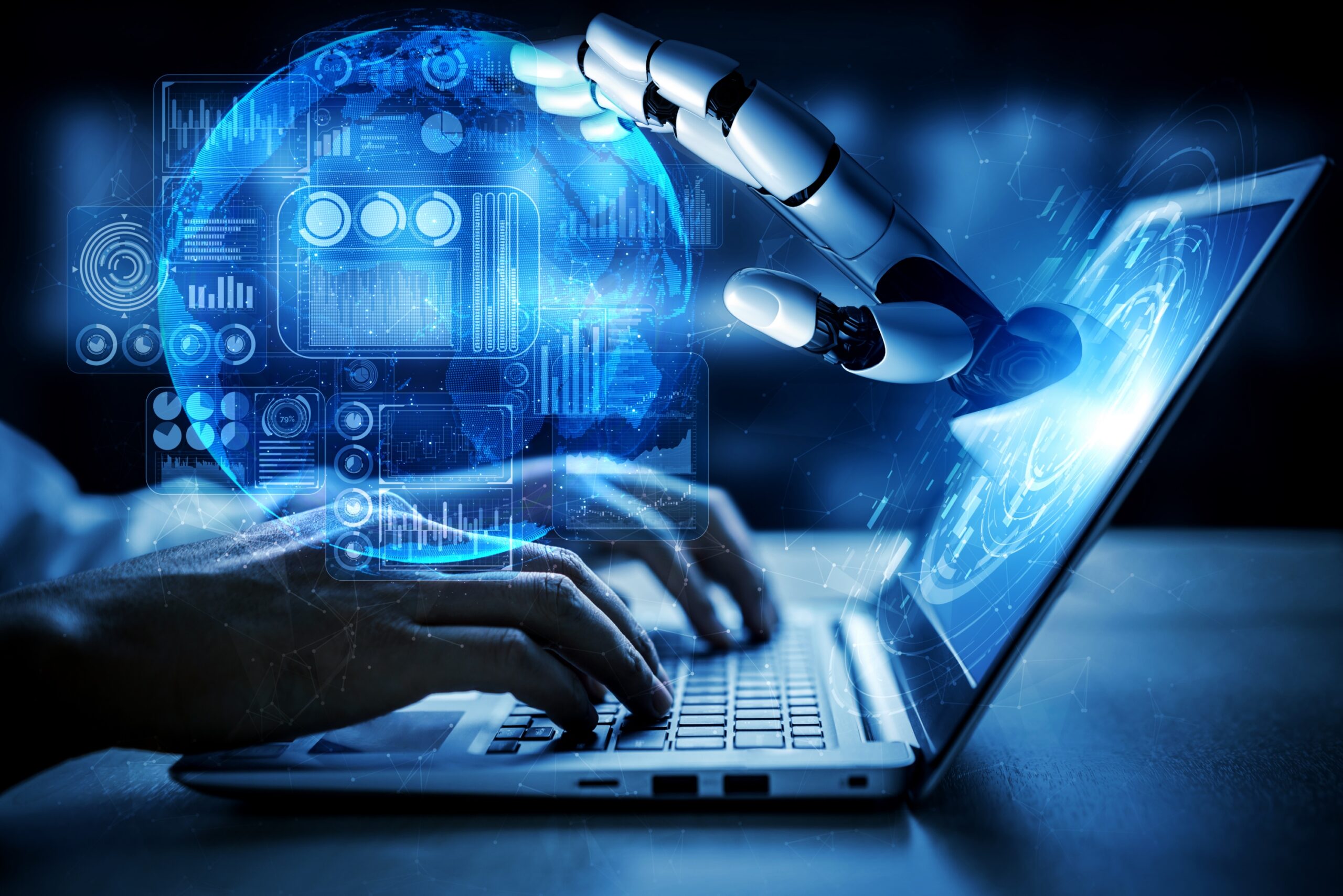 3D rendering artificial intelligence AI research of robot and cyborg development for future of people living. Digital data mining and machine learning technology design for computer brain.