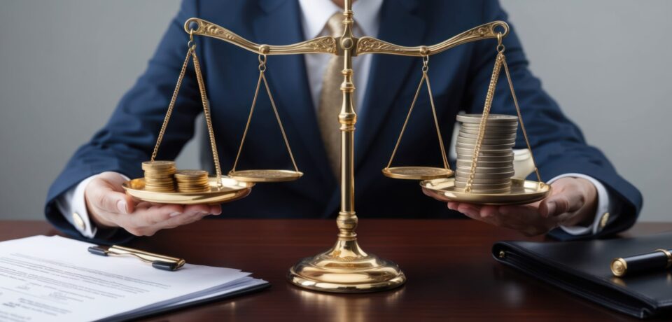 Elegant golden scales balanced with coins symbolize justice and financial equity