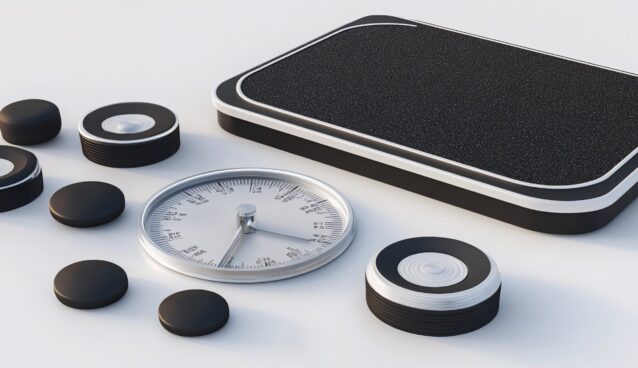 Modern scale with circular weights and analog clock. Modern scale with circular weights and analog clock.
