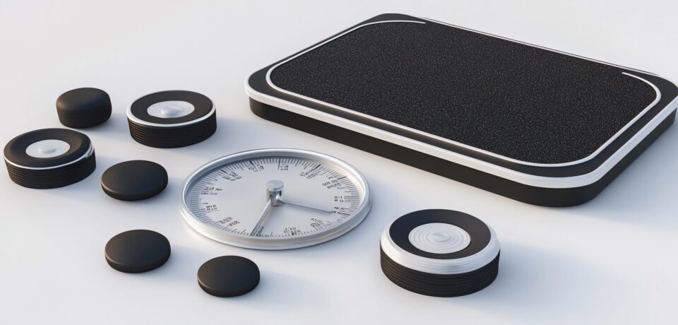 Modern scale with circular weights and analog clock.