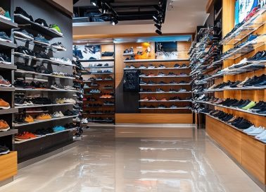 A shoe store interior displaying various styles and colors of footwear on shelves.