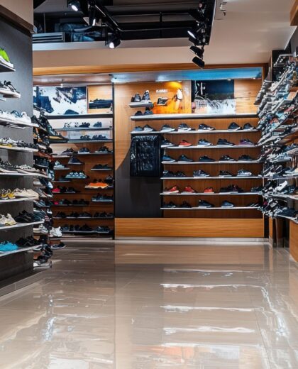 A shoe store interior displaying various styles and colors of footwear on shelves. A shoe store interior displaying various styles and colors of footwear on shelves.