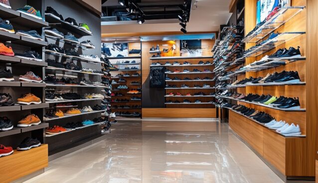 A shoe store interior displaying various styles and colors of footwear on shelves. A shoe store interior displaying various styles and colors of footwear on shelves.