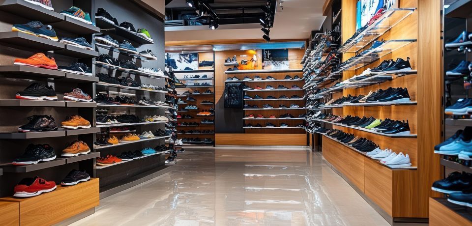 A shoe store interior displaying various styles and colors of footwear on shelves.