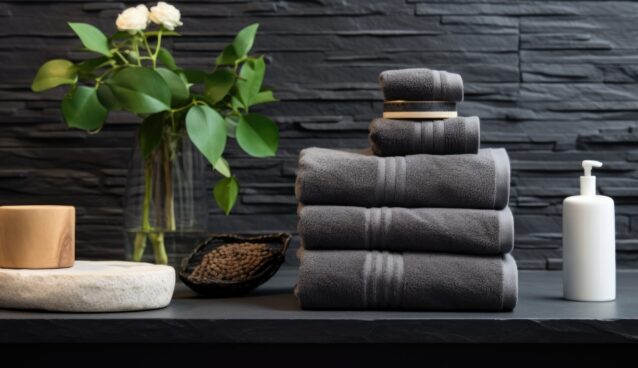 Stylish Bathroom Decor with White Towel and Accessories on Black Stone Table Stylish Bathroom Decor with White Towel and Accessories on Black Stone Table
