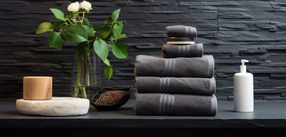 Stylish Bathroom Decor with White Towel and Accessories on Black Stone Table