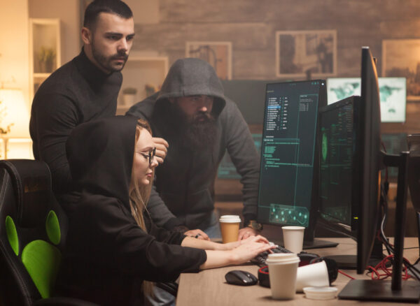 Team of hackers hired by government to test their firewall with dangerous malware. Female hacker.