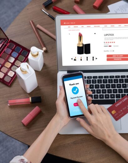 Woman shopping online on internet marketplace browsing for sale items for modern lifestyle and use credit card for online payment from wallet protected by utmost cyber security software
