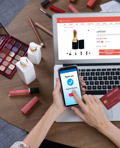 Woman shopping online on internet marketplace browsing for sale items for modern lifestyle and use credit card for online payment from wallet protected by utmost cyber security software
