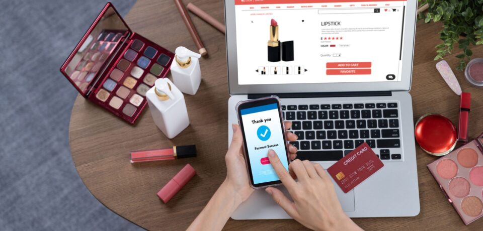 Woman shopping online on internet marketplace browsing for sale items for modern lifestyle and use credit card for online payment from wallet protected by utmost cyber security software
