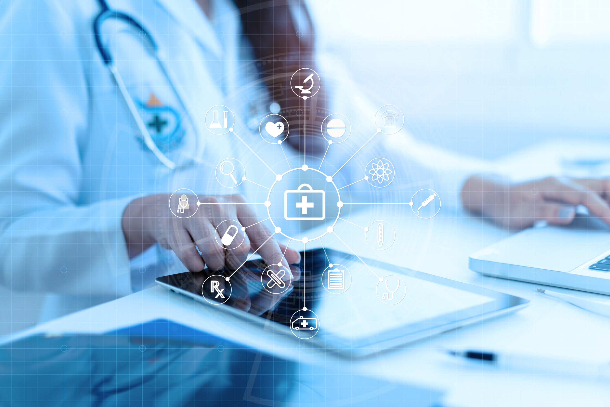 Medicine doctor or medical students with stethoscope using digit Medicine doctor or medical students with stethoscope using digital tablet laptop,Health Check with digital system support for patient with medical icon at hospital, Medical network technology concept.