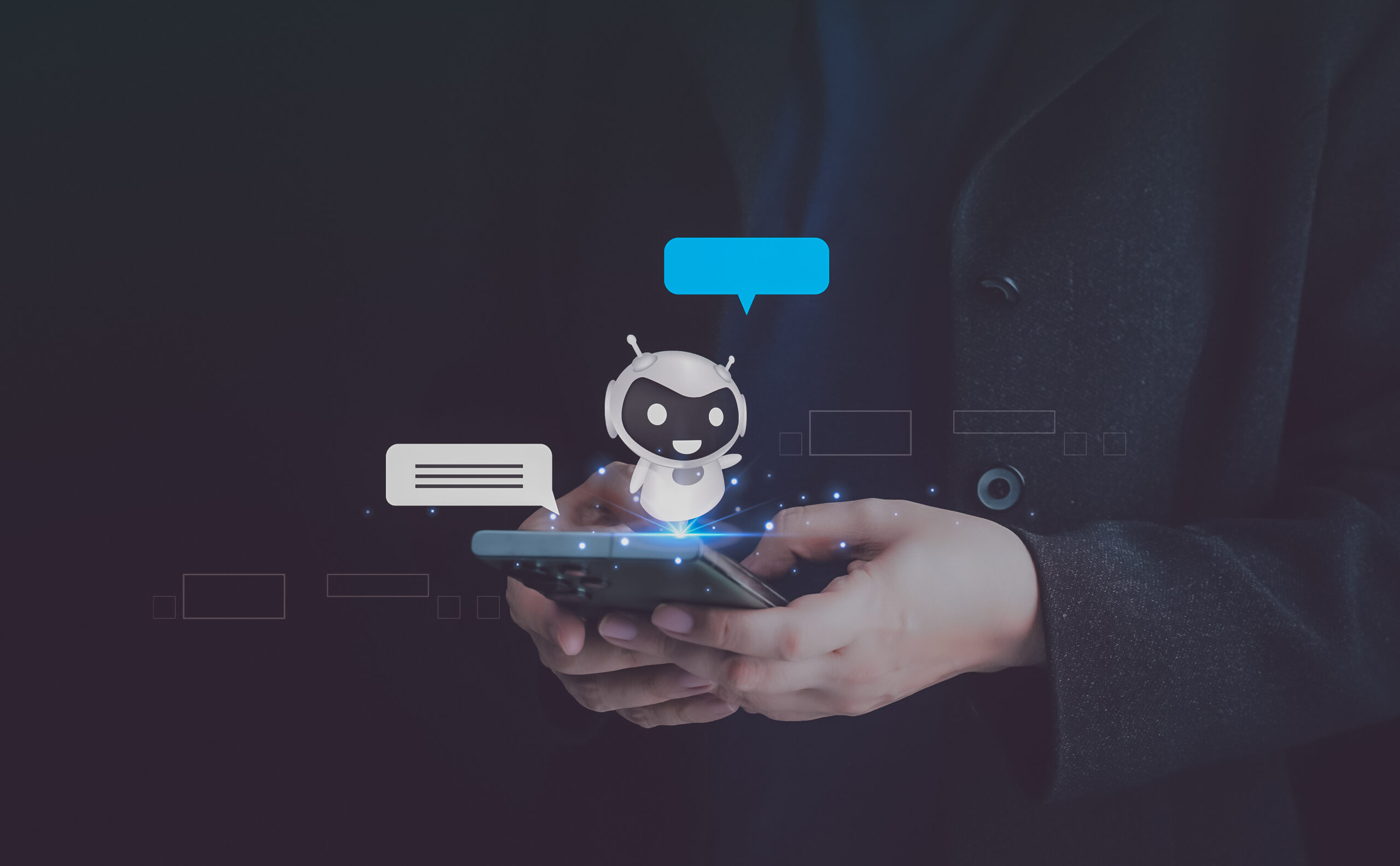 Chatbot,AI Artificial Intelligence. Man chatting with digital assistant bot on mobilephone,digital communication technology. Future of business smart app service, online messaging, innovation network. Bot Management