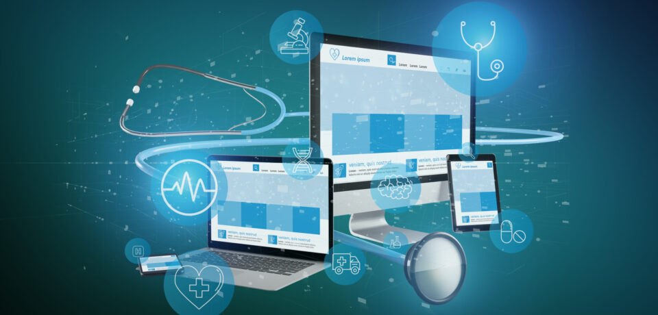 View of a Devices with medical icon and stethoscope 3d rendering