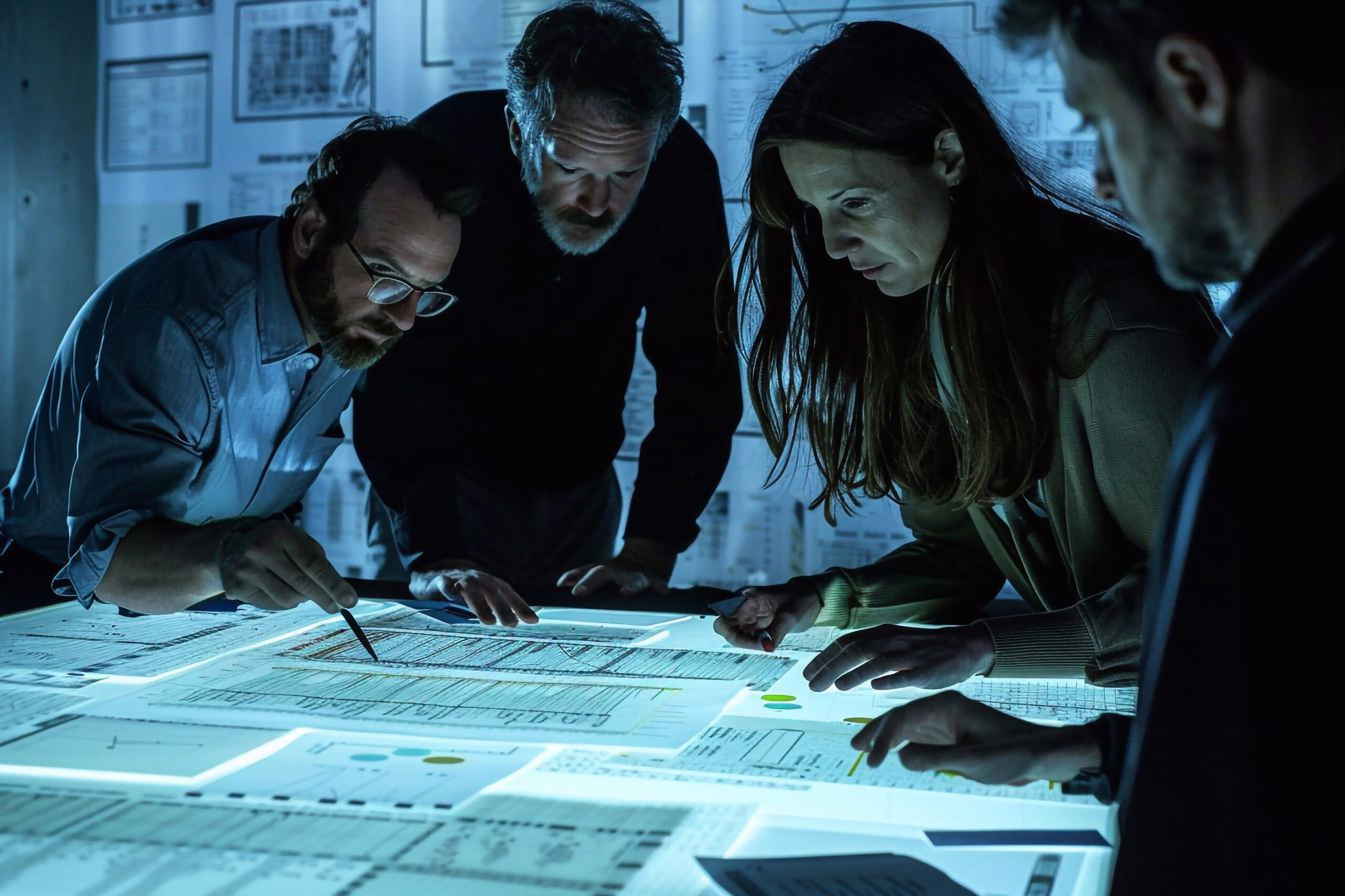 Group of people with scientific experiments and workflow. Group of people with scientific experiments and workflow, accompanied by a 3D printer creating innovative scientific prototypes.