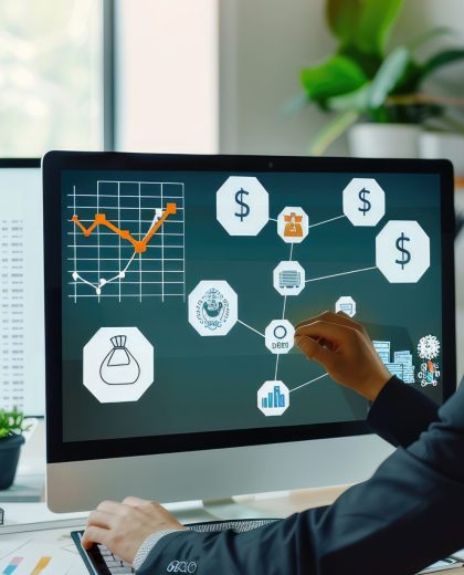 man-is-sitting-desk-with-computer-screen-showing-graphs-charts An office setting with a businessman researching financial insurance policies on his computer, displaying icons of money bag, investment chart, and retirement plans.