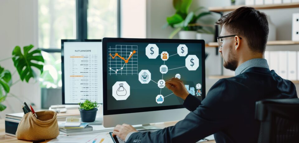 An office setting with a businessman researching financial insurance policies on his computer, displaying icons of money bag, investment chart, and retirement plans.