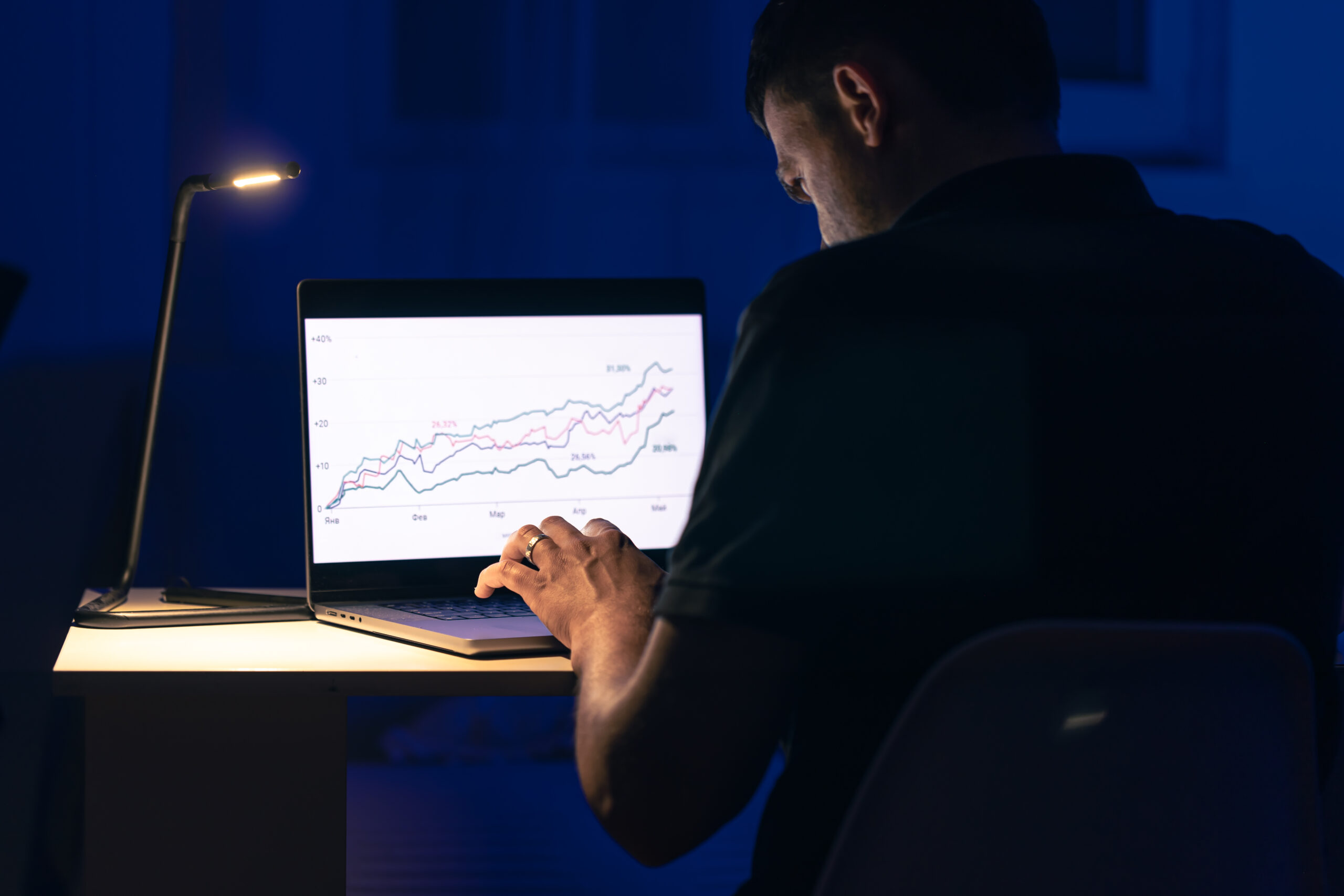 Man trading, browsing online stock investments at night. Man trading, browsing online stock investments at night. Business man stock exchange trader looking at laptop screen at night.