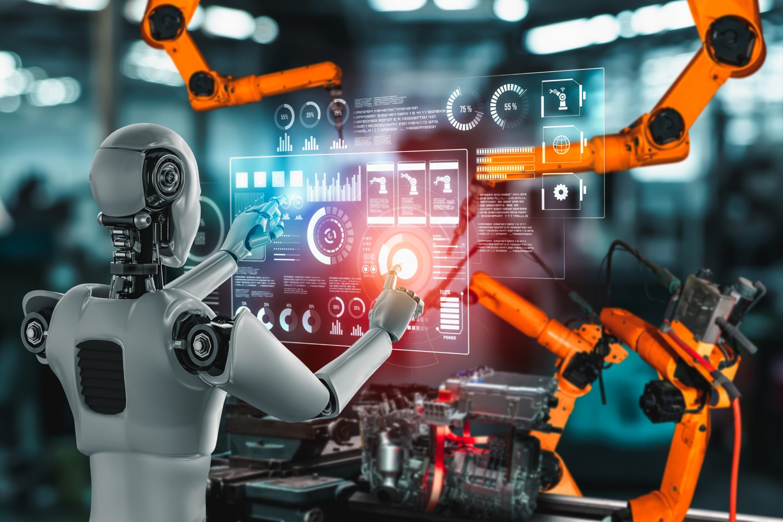 Mechanized industry robot and robotic arms for assembly in factory production . RPA Implementation