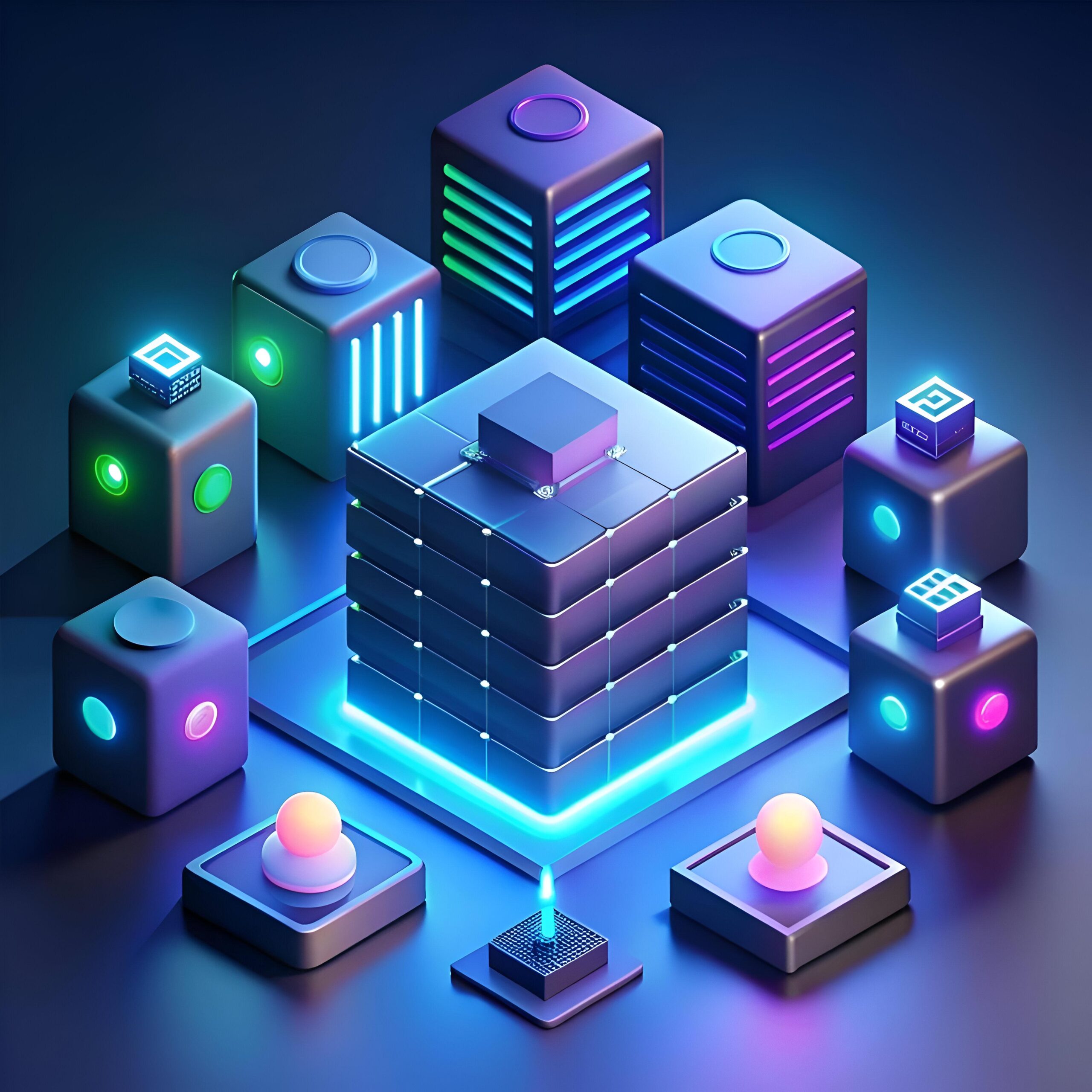 Neon lit 3D server icons symbolize the digital world with a futuristic twist.  Perfect for web design. tech presentations. and futuristic concepts.