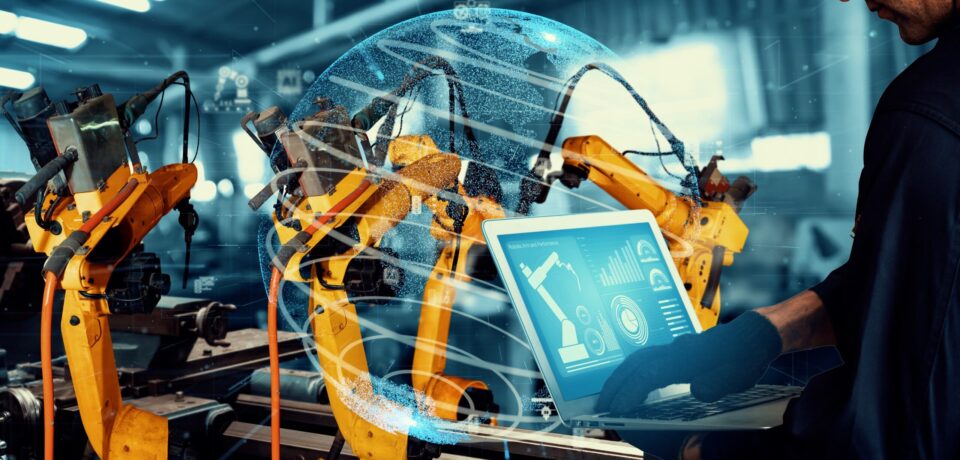 Smart industry robot arms modernization for digital factory technology . Concept of automation manufacturing process of Industry 4.0 or 4th industrial revolution and IOT software control operation .