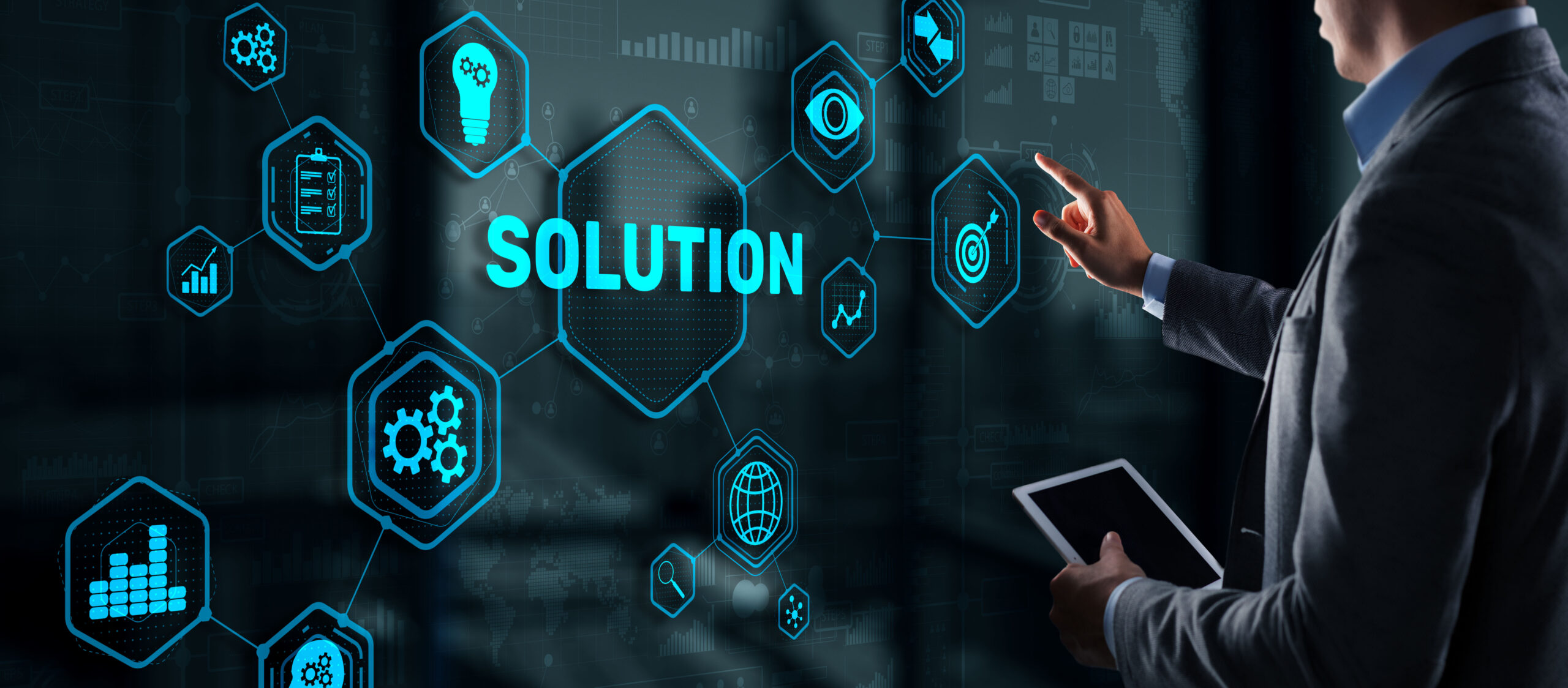 Solution. Businessman pressing on touch screen interface inscription Solutions. Business concept. Internet concept FinOps Solutions