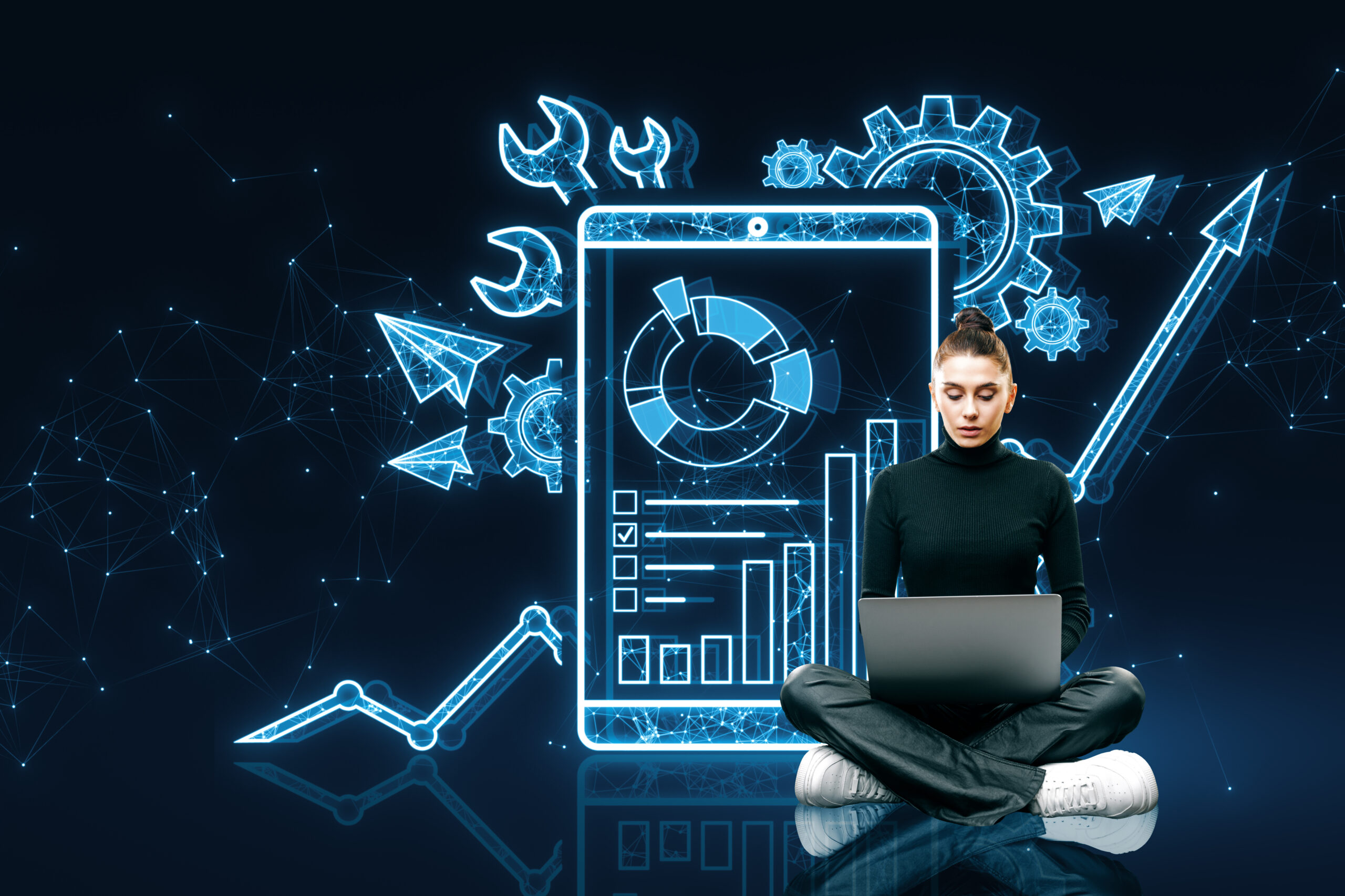 Thoughtful young woman with laptop and creative polygonal interface with cogs and business chart on blue background. Project management, maintenance tool and online finance system concept. Personalization Engines