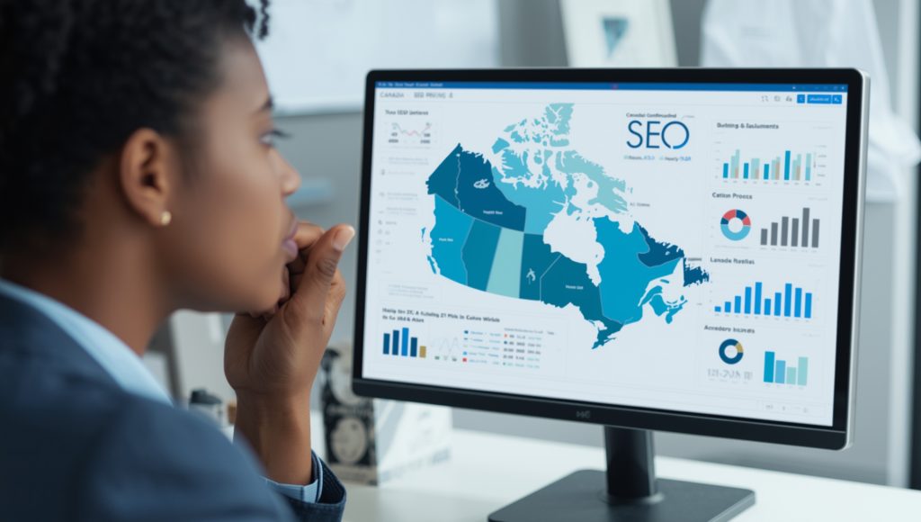 a professional setting on a chair anf see the table of How Much Does SEO Cost in Canada