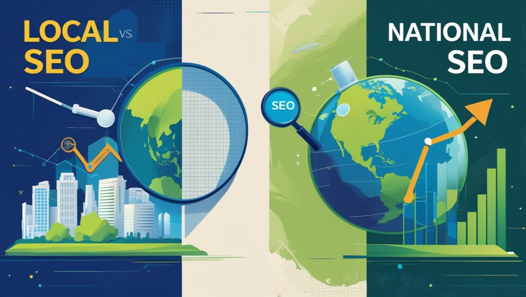 an illustration show Local SEO vs National SEO