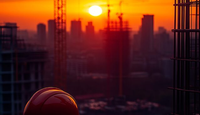 Construction site at sunset with plans and helmet. A helmet and blueprints sit on a ledge as the sunset casts an orange glow over the cranes and city. Construction site at sunset with plans and helmet. A helmet and blueprints sit on a ledge as the sunset casts an orange glow over the cranes and city.