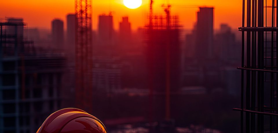 Construction site at sunset with plans and helmet. A helmet and blueprints sit on a ledge as the sunset casts an orange glow over the cranes and city.